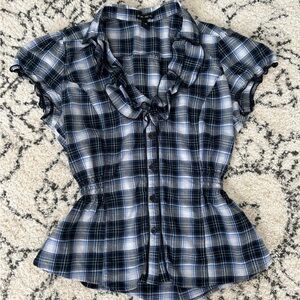 FANG Blue and White Plaid Ruffle Blouse